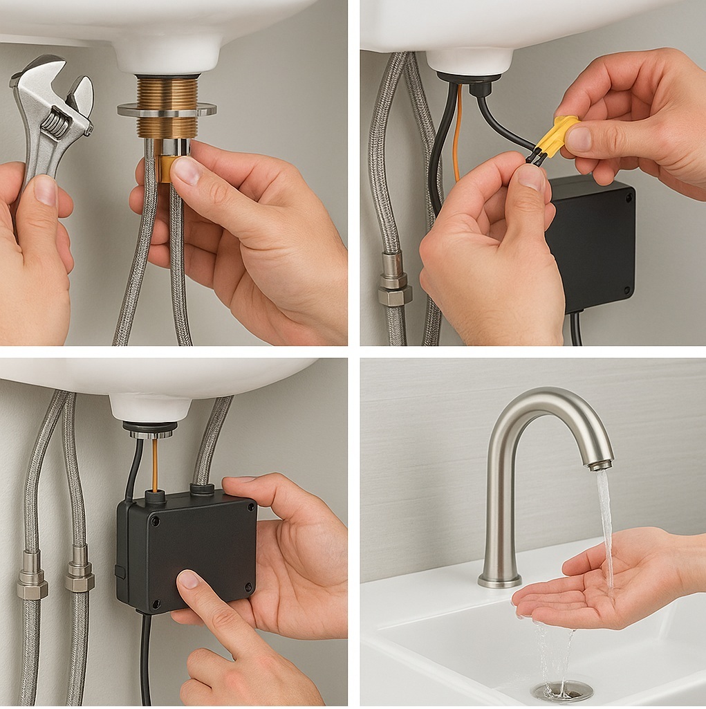 Commercial touchless sink faucet installation visual in a modern restroom